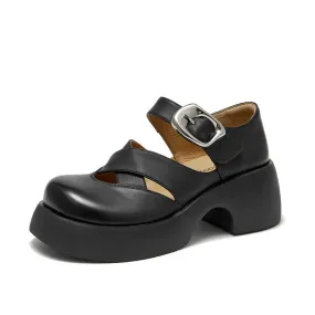BeauToday Women's Vintage Leather Plain Cross-Strap Platform Mary Janes with Buckle Decore
