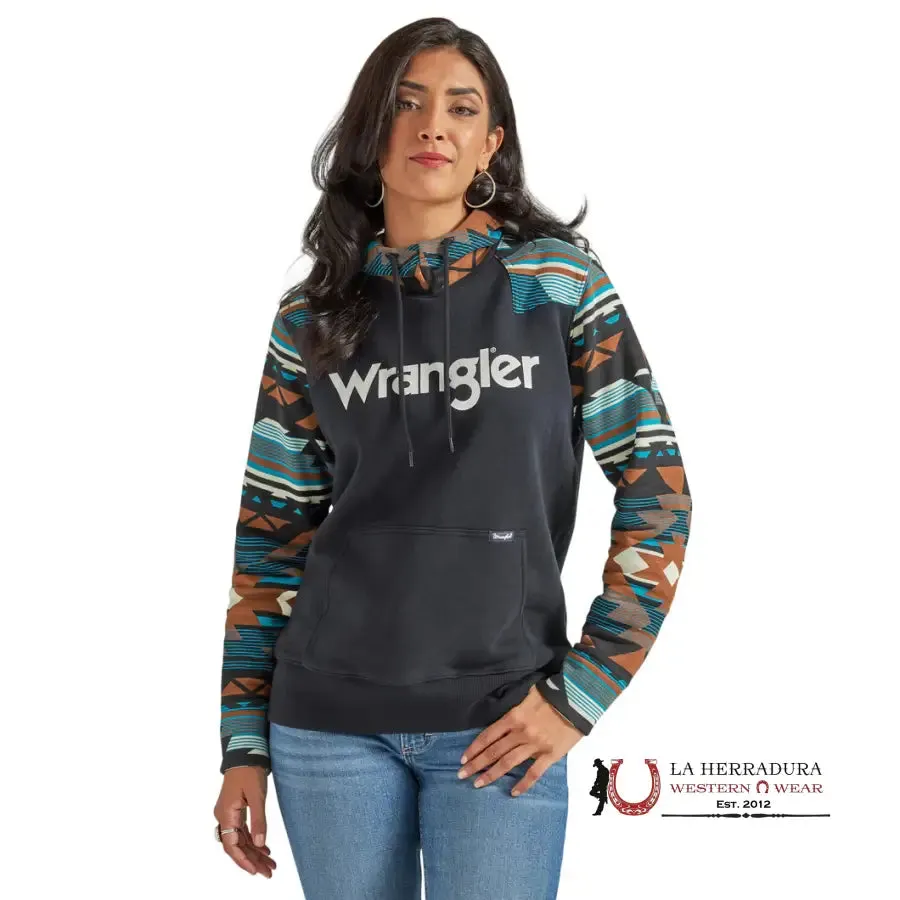 WRANGLER WOMEN BLACK HOODIE W/ TEAL AZTEC SLEEVE